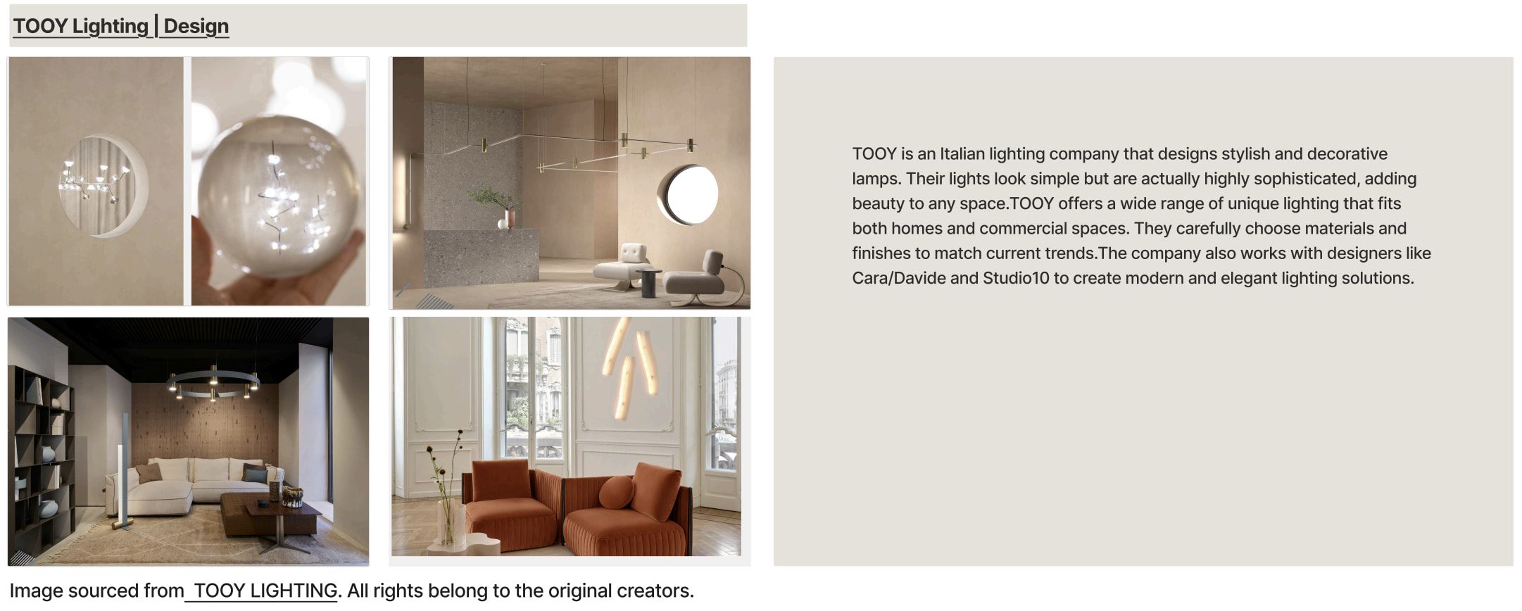 Research slide on TOOY lighting design: photos of lamps in interiors beside a text panel.
