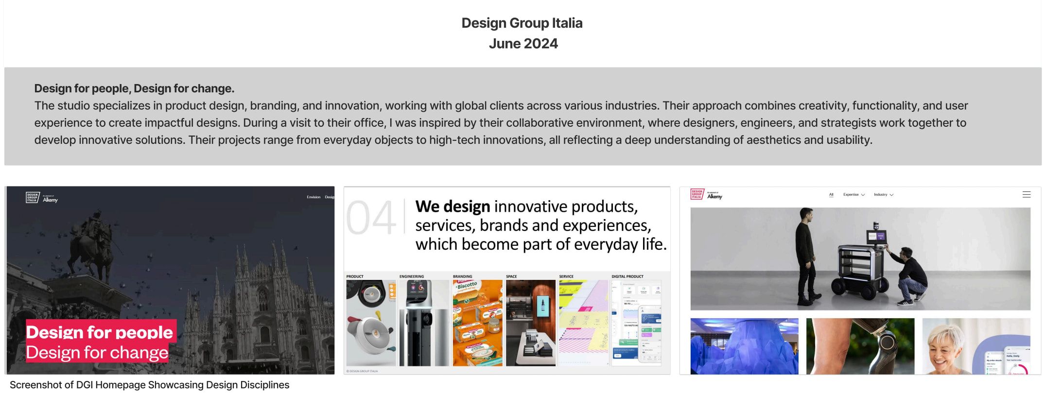 Research slide introducing Design Group Italia (June 2024): notes above screenshots of the studio’s website and projects.