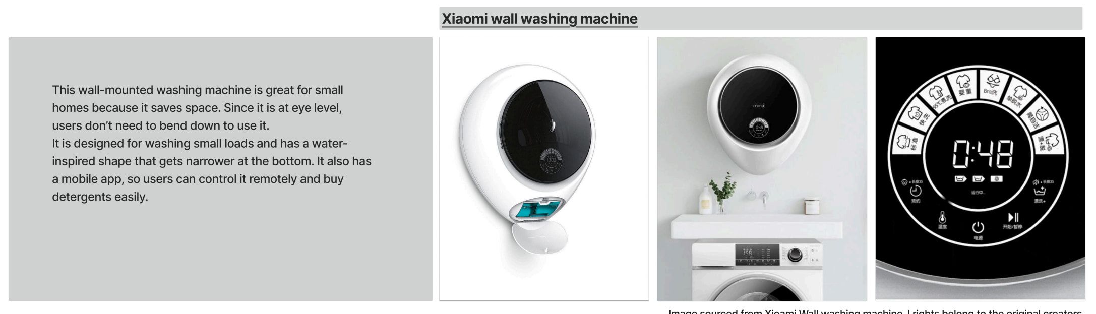 Research slide on a Xiaomi wall-mounted washing machine: product photos and a control display beside a text panel.