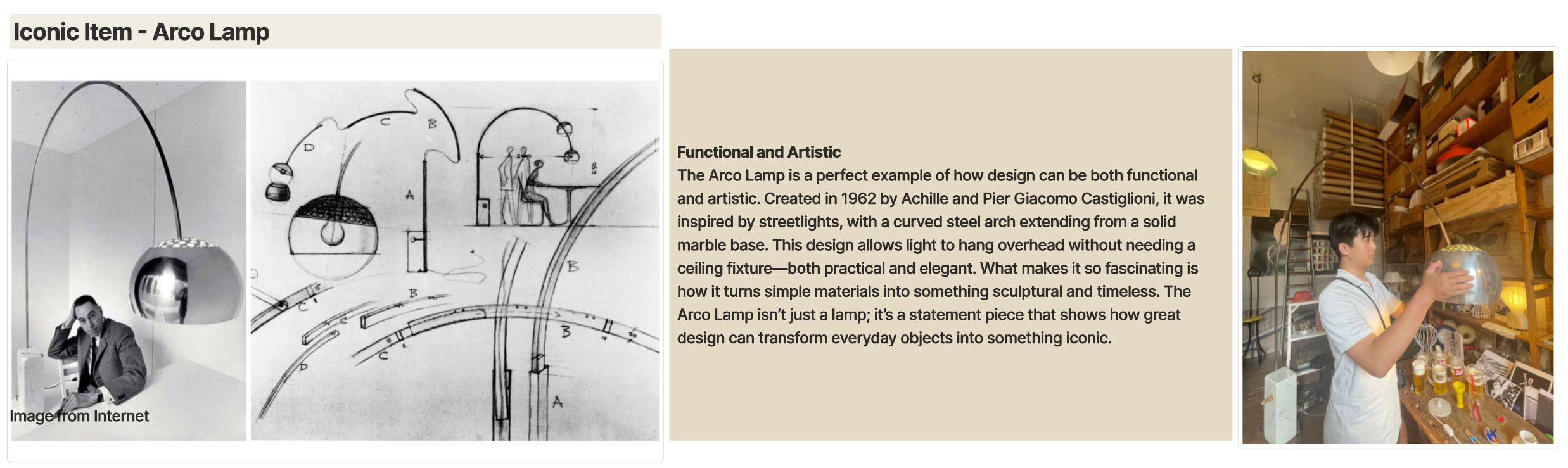 Research slide on the Arco lamp: sketches and photos of the arching floor lamp beside a text panel.