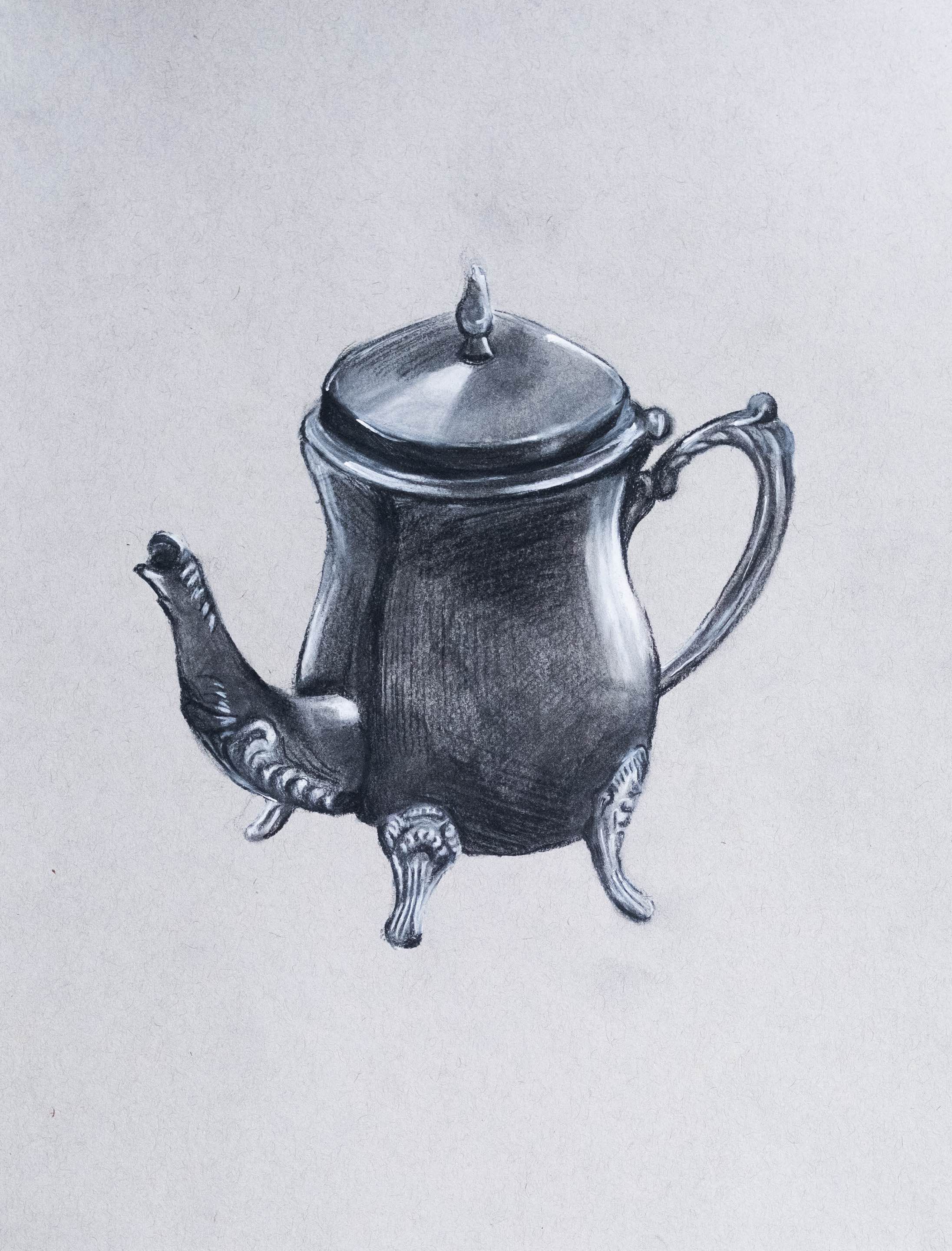 Charcoal drawing of a shiny metal teapot with a curved spout, ornate handle and small feet, on grey paper with white highlights.