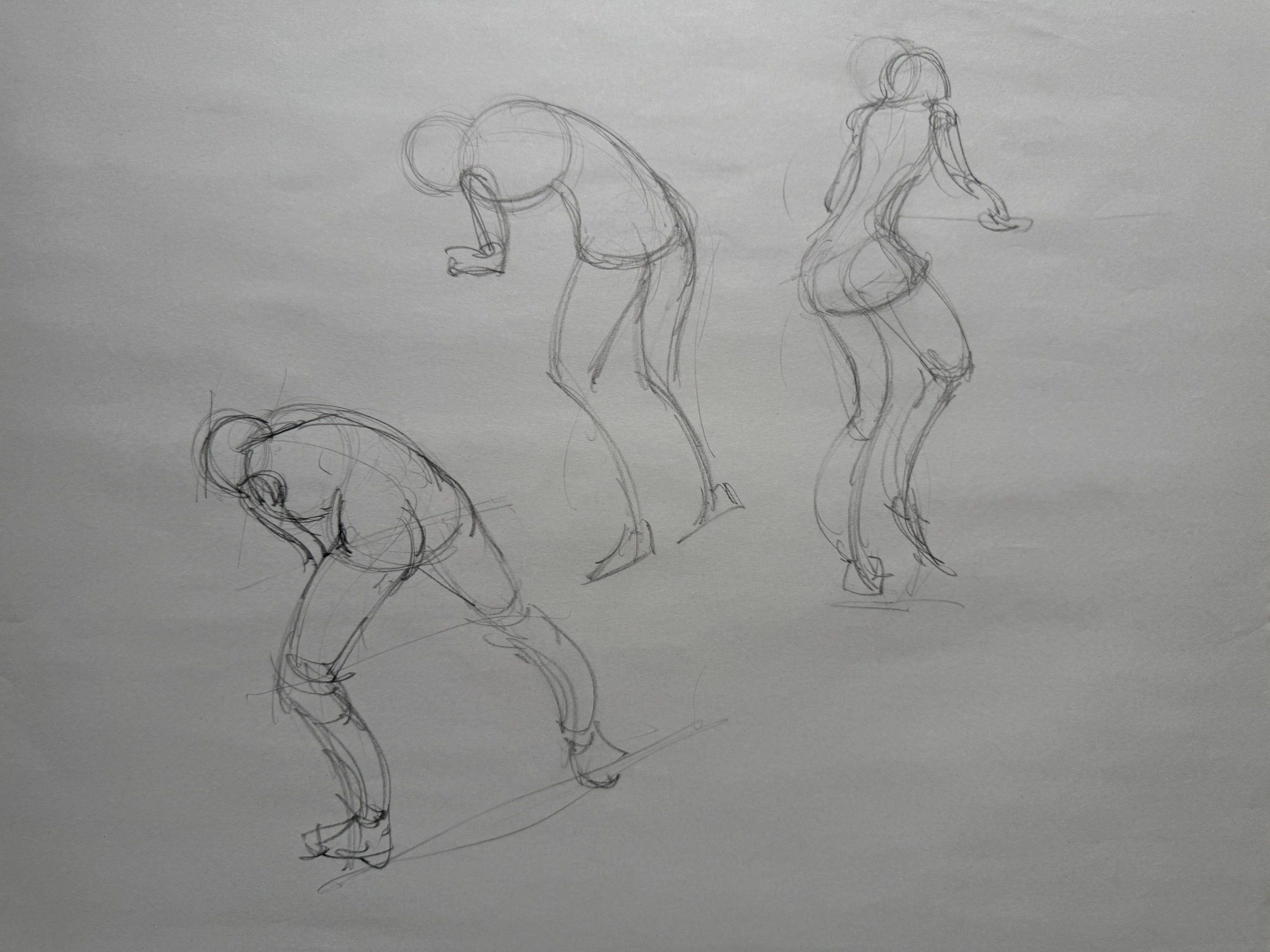 Pencil drawing on paper. Three figures bending forward: two bent sharply at the waist with arms hanging, and one standing with a slight crouch, seen from behind.