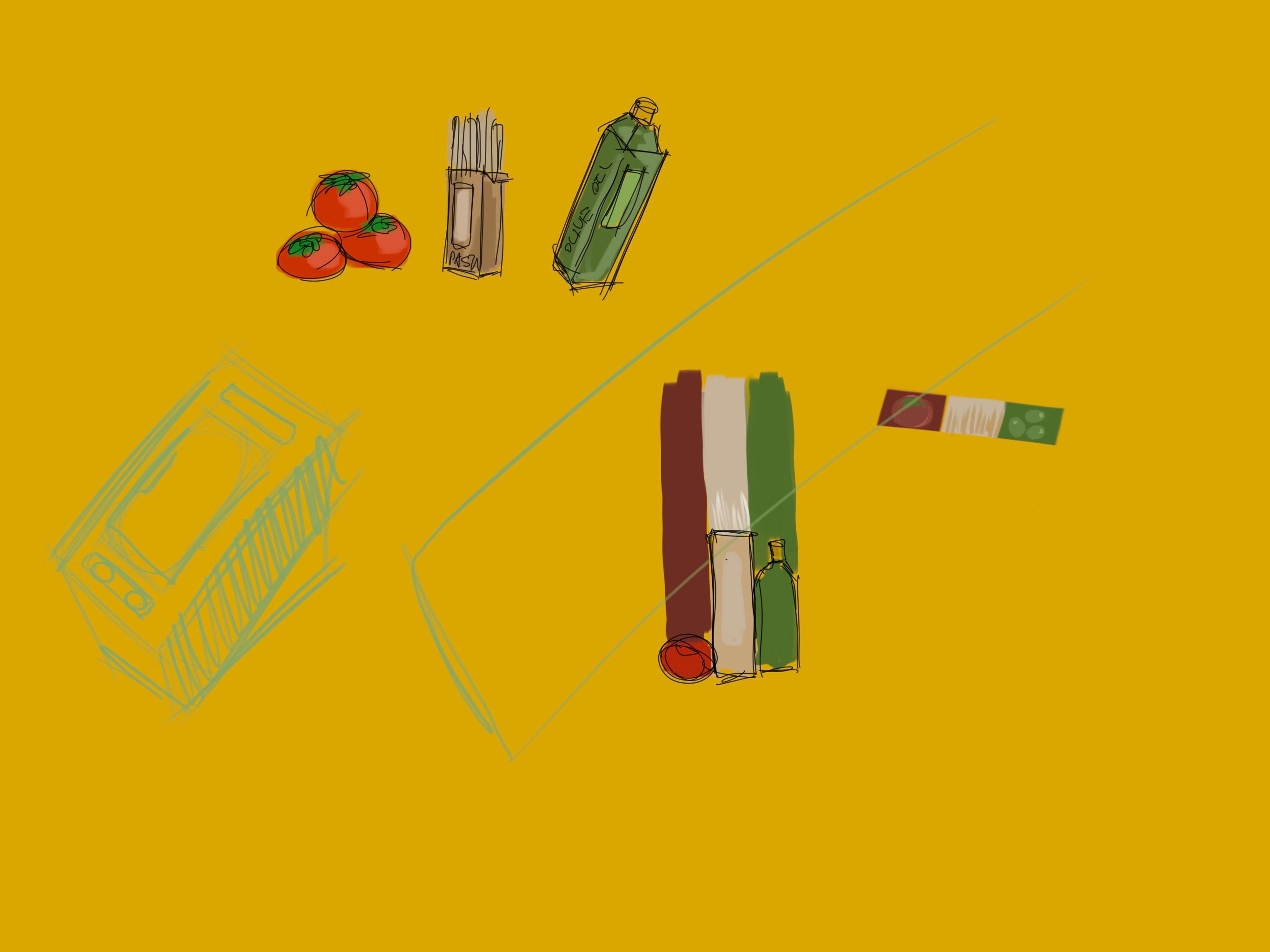 Digital sketches on a yellow background of tomatoes, pasta packages and a bottle in Italian flag colors, with the rough outline of a box.