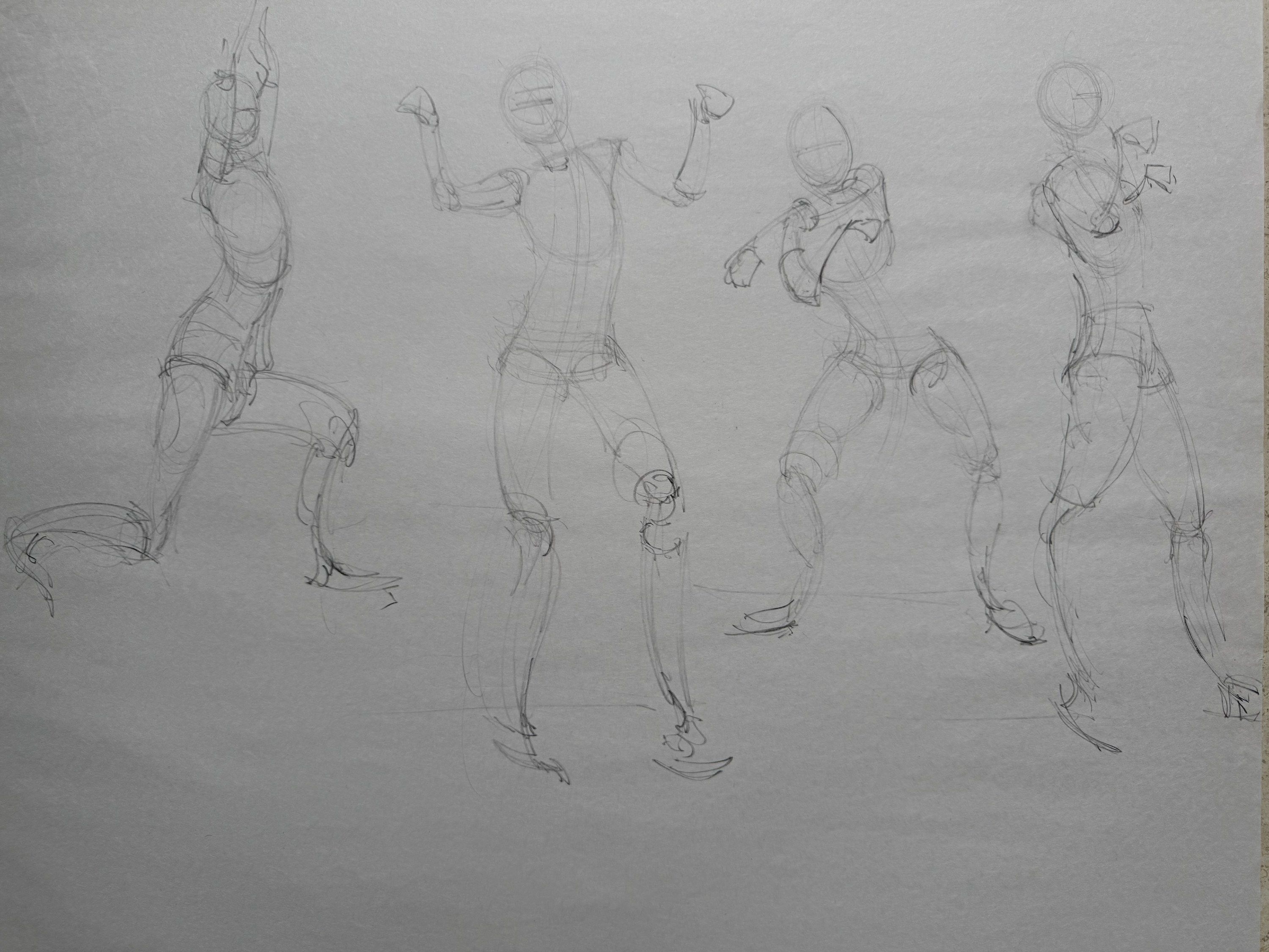 Pencil drawing on paper. Four standing figures in dynamic poses, drawn with simplified head ovals and torso and limb shapes: one lunging with an arm raised, one with both fists up, two twisting mid-motion.