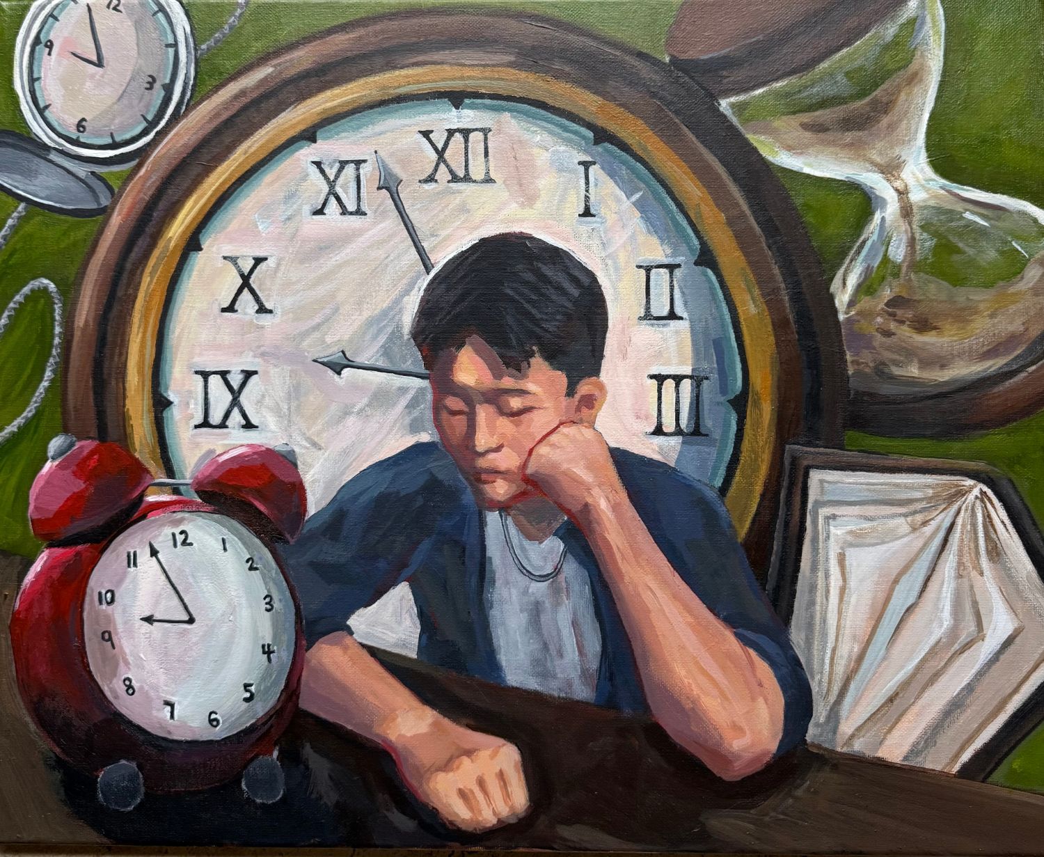 Self-portrait painting of the artist as a young man with eyes closed, chin resting on his fist at a desk, in front of a large clock face with Roman numerals; a red alarm clock, a pocket watch, an hourglass and a draped canvas surround him on a green background.