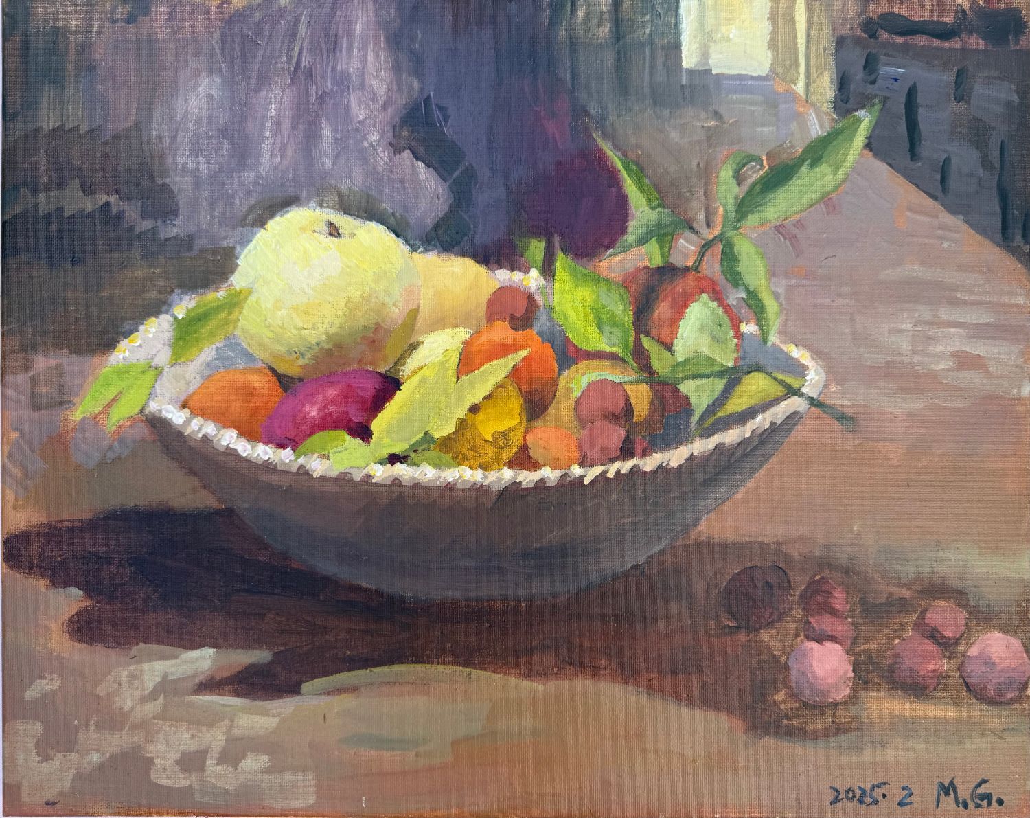 Still life painting of a grey bowl with a scalloped white rim holding a pale yellow pear, oranges, a purple plum, small round fruit and green leaves, on a warm brown table with a few loose fruits in the foreground and a purple-grey background.