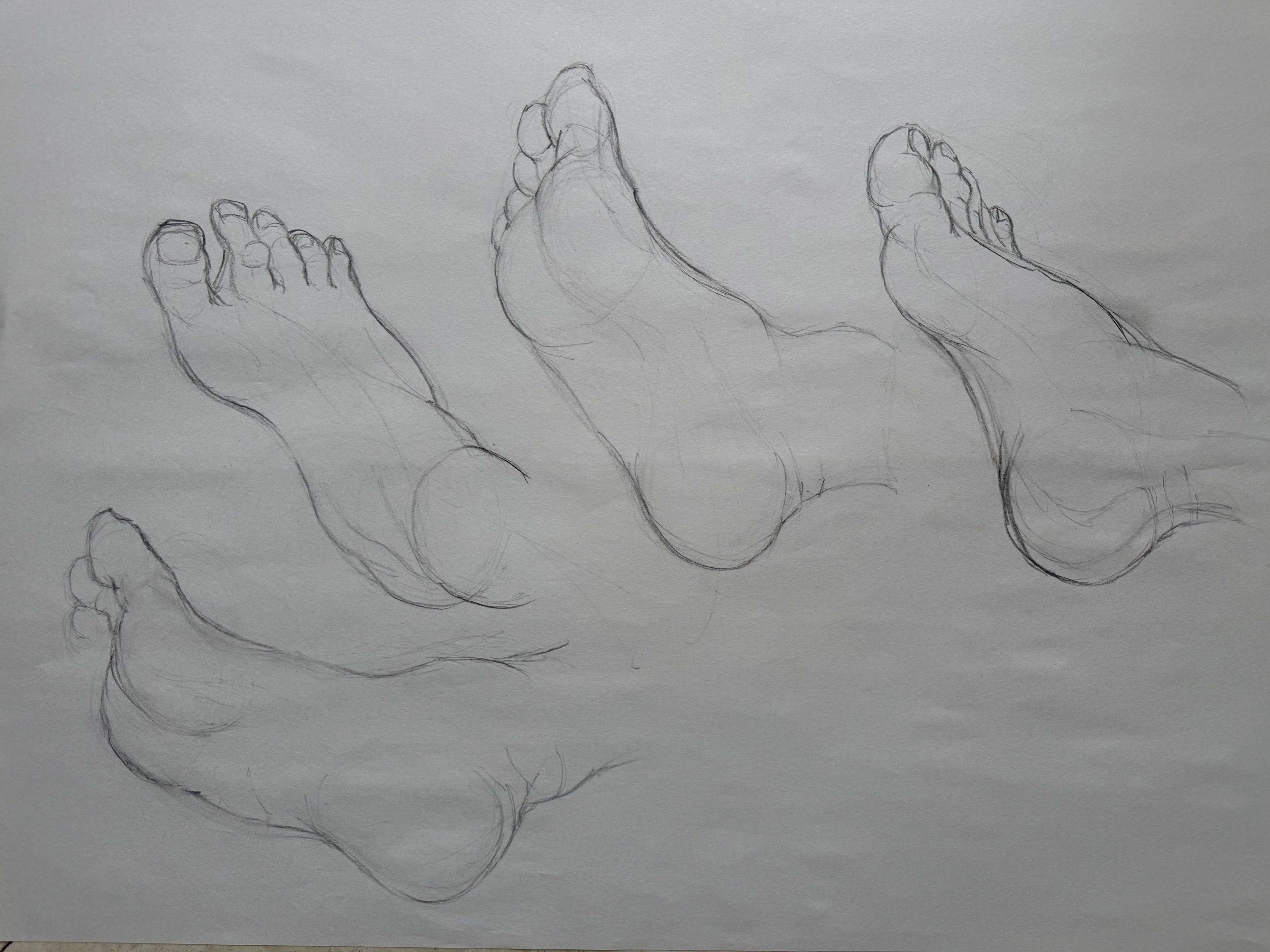 Pencil drawing on paper. Four studies of a bare foot, mostly seen from the sole with the toes pointing upward, drawn in light contour lines with soft shading.