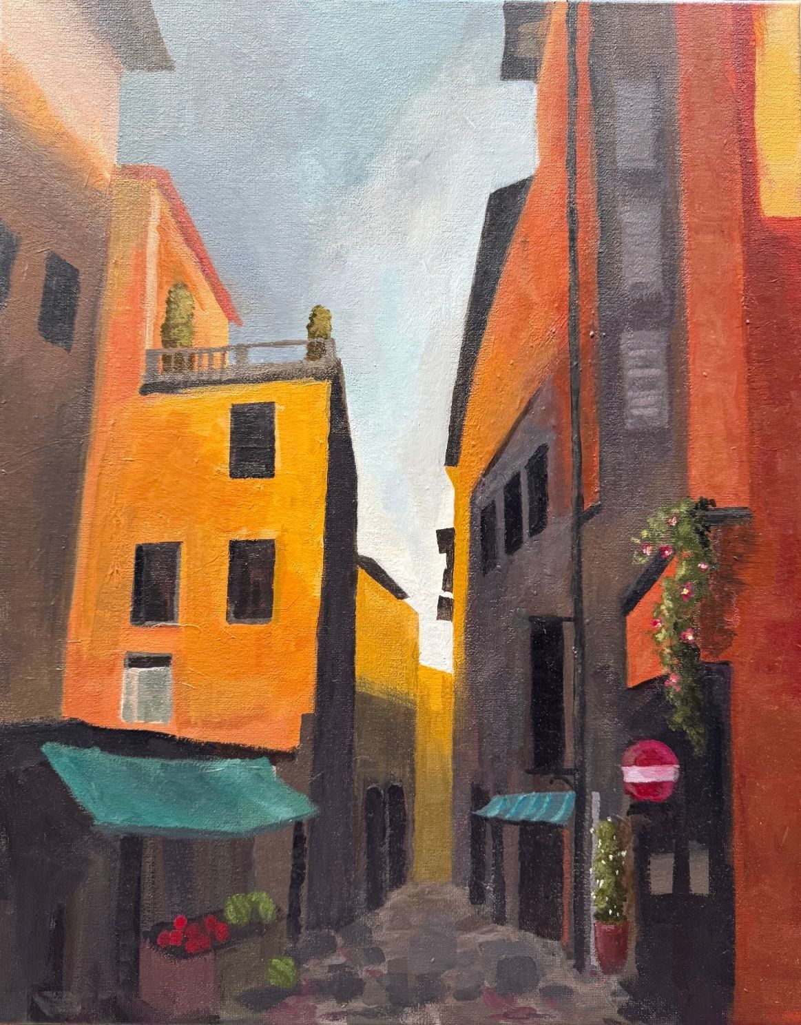Vertical painting of a narrow cobbled alley between tall orange and terracotta buildings, with teal shop awnings, potted plants, flowering vines, a red no-entry sign and a sliver of blue-grey sky above.