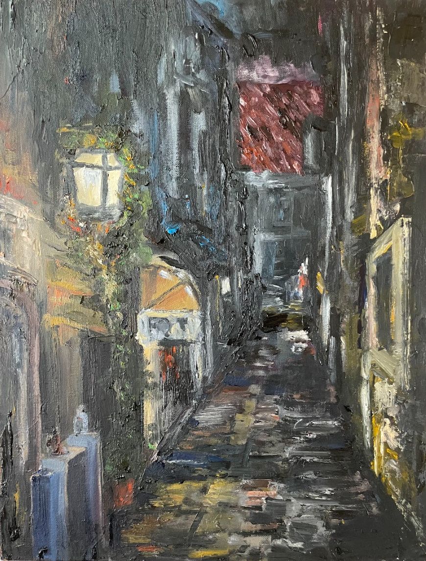 Oil painting of a narrow, dark alley with glowing lamps and windows, thickly textured walls, and a wet stone path leading back between the buildings.