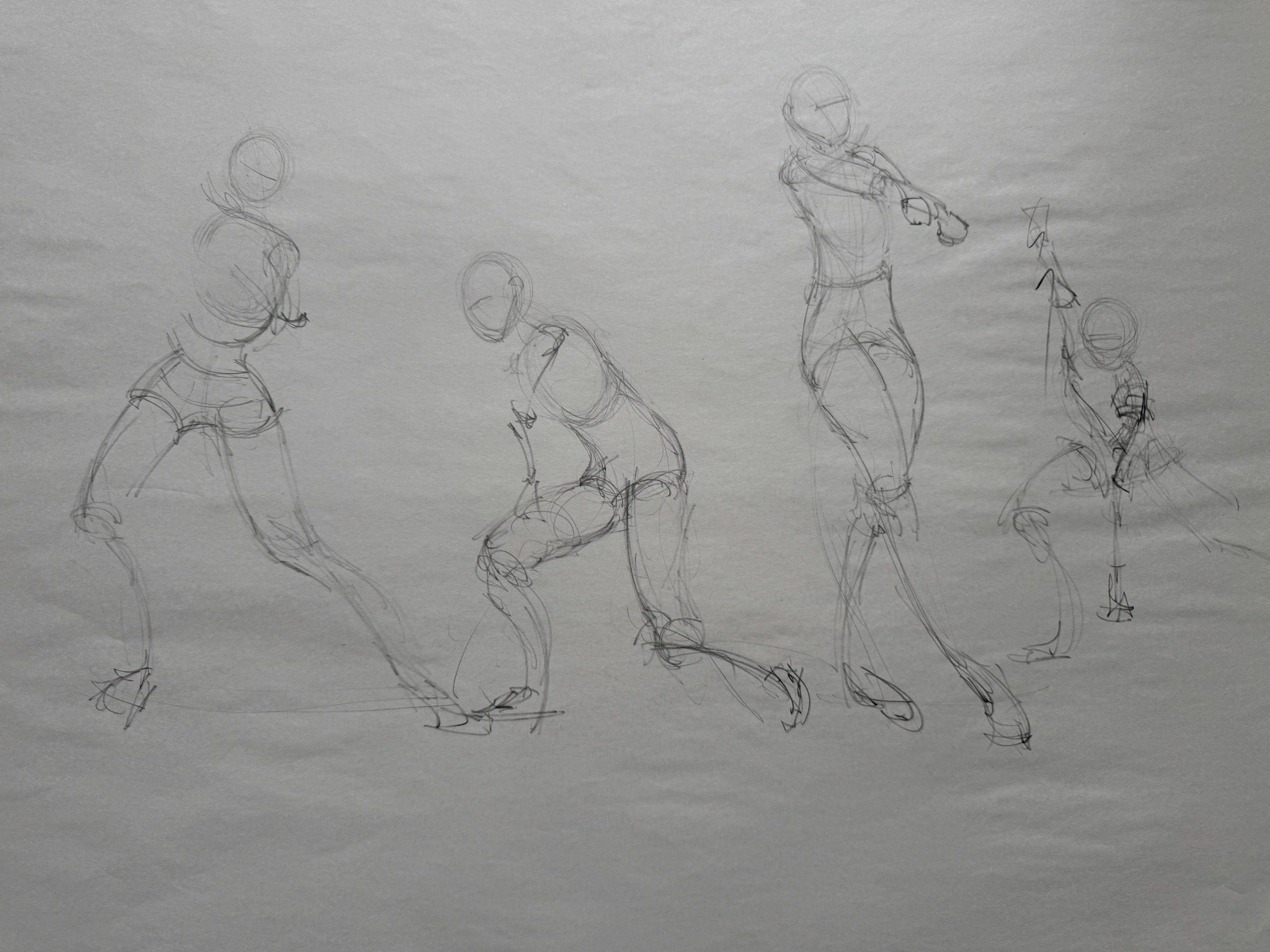 Pencil drawing on paper. Four figures in action poses, drawn with simplified head ovals: a wide-legged stance, a lunge, a twisting figure with arms raised, and a small figure holding a long pole.