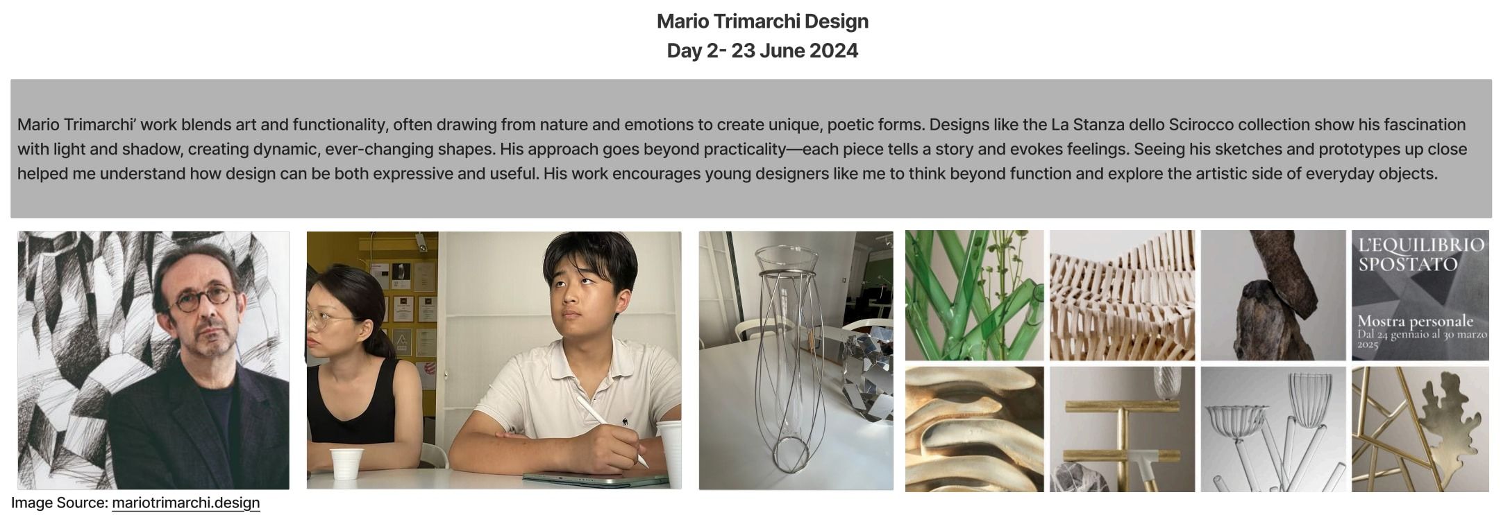 Research slide introducing Mario Trimarchi Design (Day 2, 23 June 2024): notes above photos of the designer, sketches and objects.
