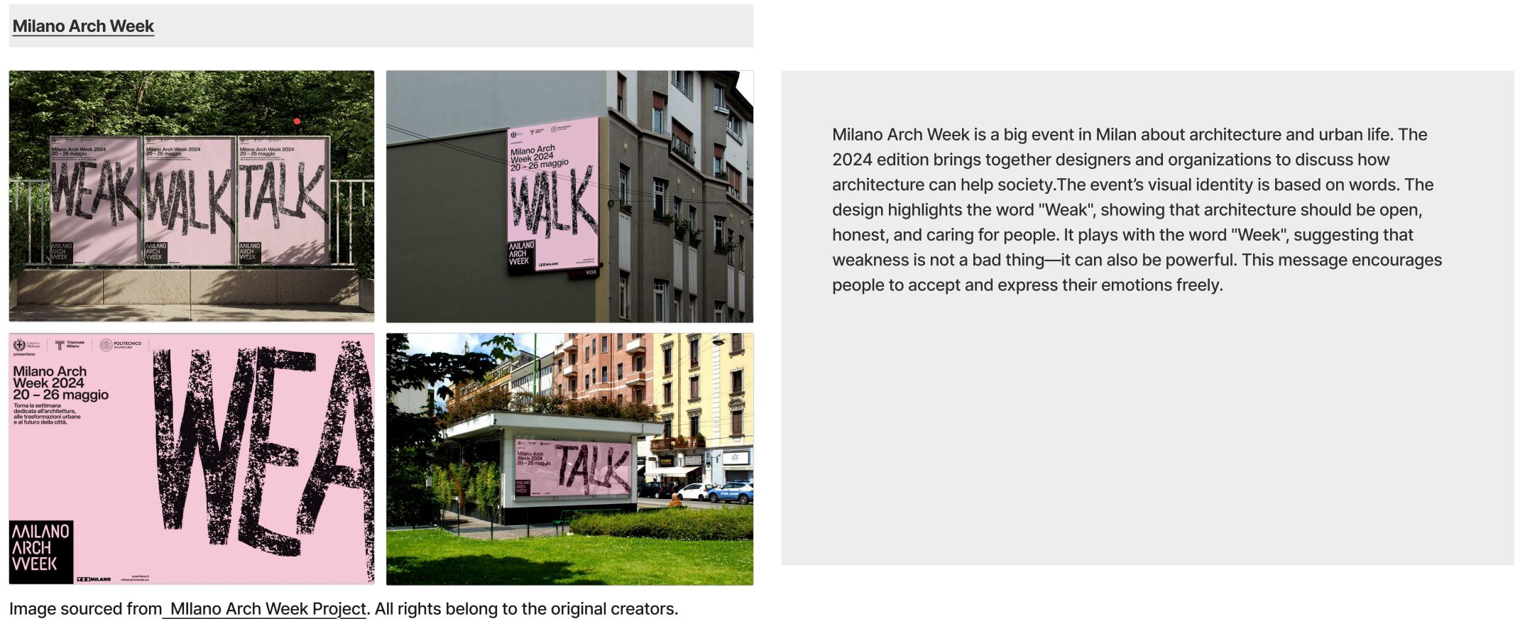 Research slide on Milano Arch Week: photos of large pink and white “WALK TALK” banners on buildings beside a text panel.