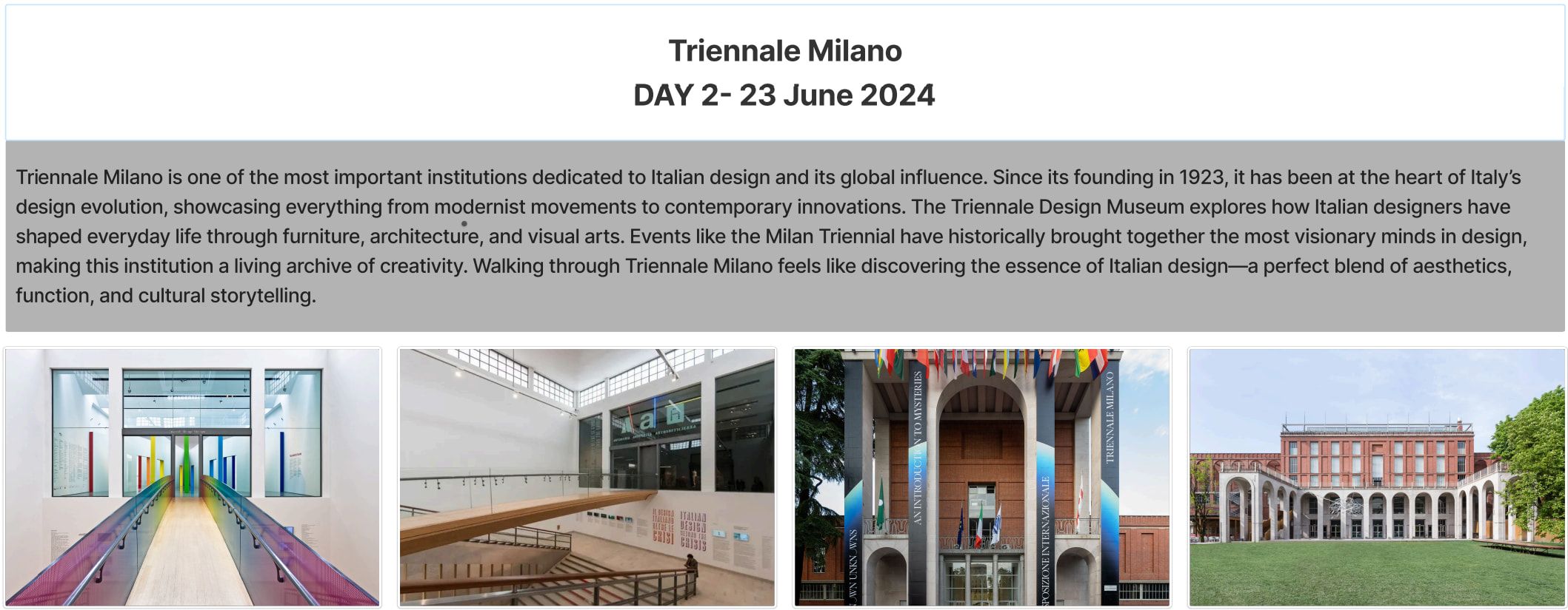 Research slide introducing Triennale Milano (Day 2, 23 June 2024): a paragraph of notes above four photos of the museum building and galleries.
