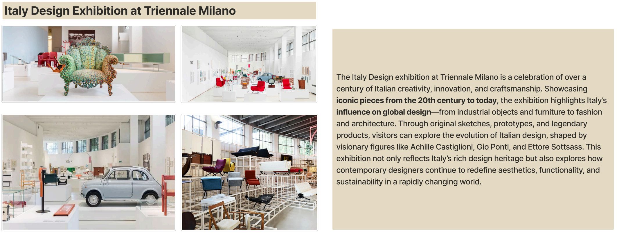 Research slide on the Italy Design Exhibition at Triennale Milano: photos of furniture, objects and a car on display beside a text panel.